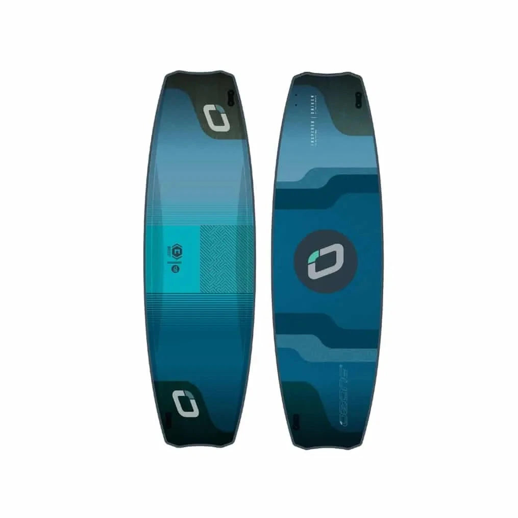 Blue and black kiteboard with a brand logo on a white background