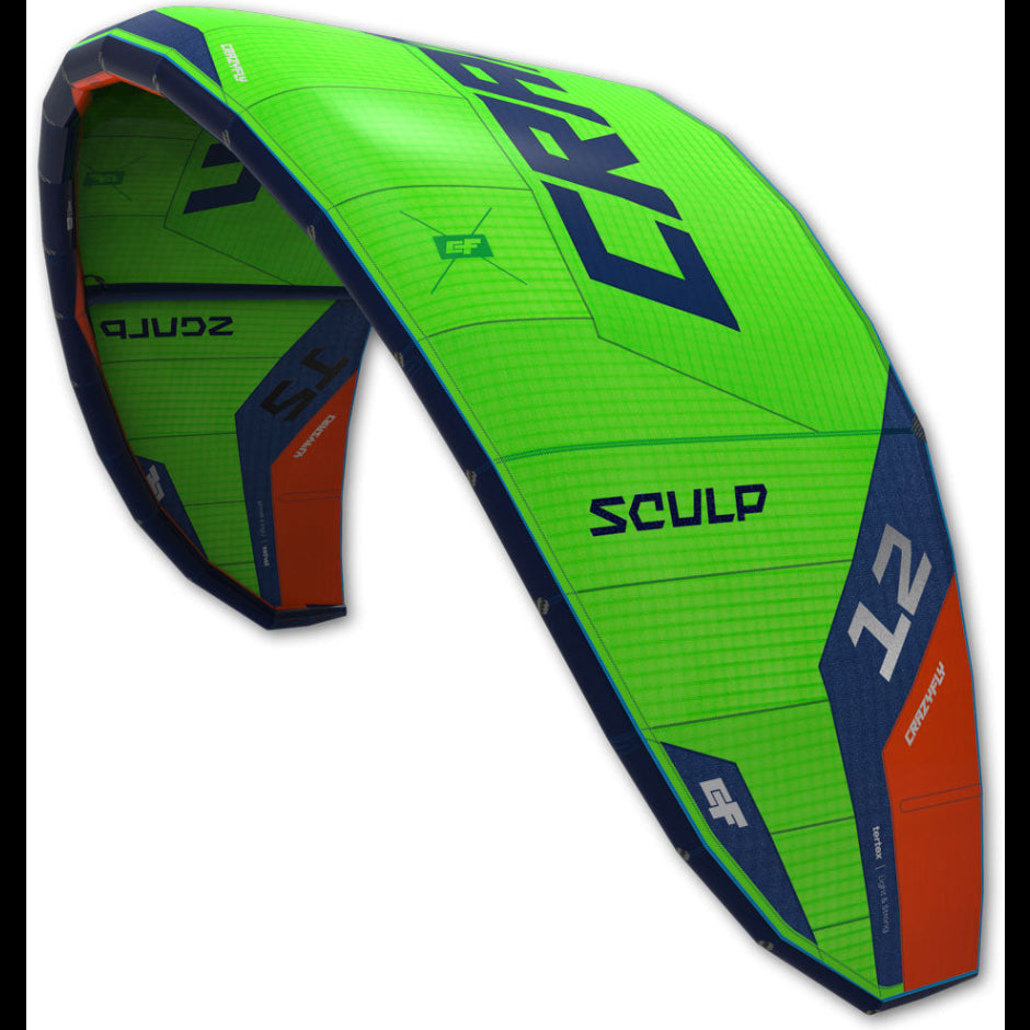 Green and blue kite with 'Sculp' branding on a white background