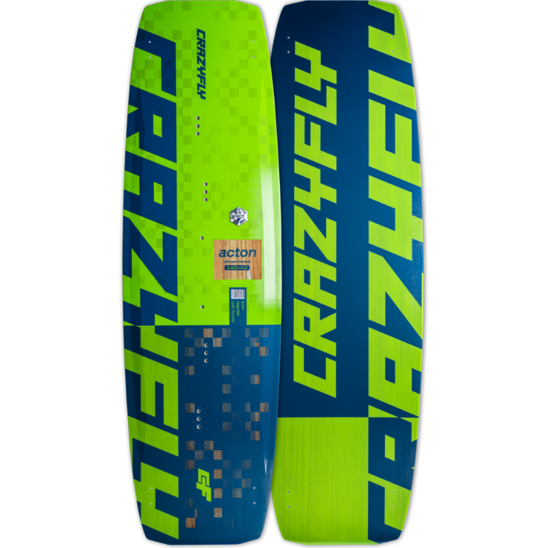 Two green and blue Crazyfly kiteboards on a white background