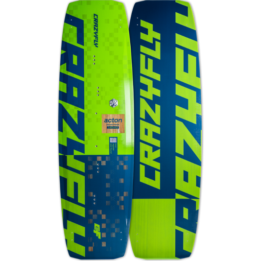 Two green and blue Crazyfly kiteboards on a white background